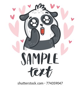 Panda bear madly in love with googly eyes on romantic pink background with hearts and place for your text. Hand drawn illustration in cartoon, doodle style for greeting card, poster, banner