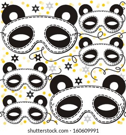 panda bear mask animal party disguise with sparkling gold stars holiday seamless pattern on white background