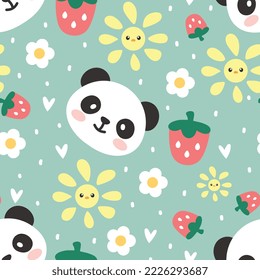 Panda bear mint green, kids scandinavian style seamless pattern background with kawaii strawberry, flowers, sun. Bedding children vector design, fabric and textile print.