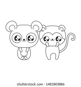 panda bear with monkey baby animals kawaii style
