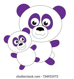 Panda Bear Mother and Child cartoon. Outlined illustration with thin line black stroke