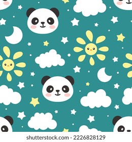 panda bear neutral boy and girl deep mint green sky seamless pattern background, kids cute woodland animals with clouds and stars fabric and textile print. Decor elements design.