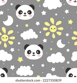 panda bear neutral boy and girl grey monochrome sky seamless pattern background, kids cute woodland animals with clouds and stars fabric and textile print. Decor element design.