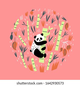 Panda bear on bamboo branch leaves and fruits composition. Decorative design element. Vector flat illustration