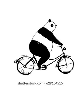 Panda bear on bicycle illustration. Good for T-shirt, bag or whatever print. Black and white vector illustration