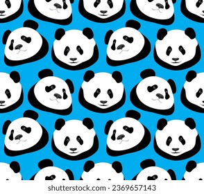 Panda bear on a bright blue background. Animal seamless pattern, print. Vector illustration