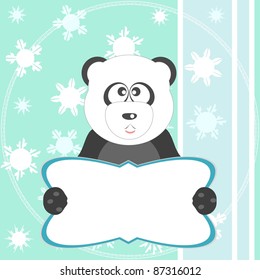 panda bear on soft green greeting card. vector illustration
