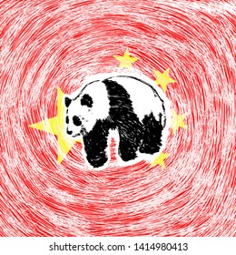 A panda bear over a People Republic of China flag. Hand drawn vector illustration. 