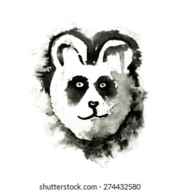 Panda bear, painted ink  vector illustration, isolated on white background.
