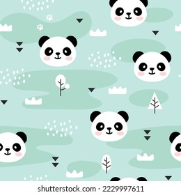 panda bear pastel mint green for baby girl and boy neutral forest seamless pattern wallpaper, kids cute woodland animals with clouds and trees