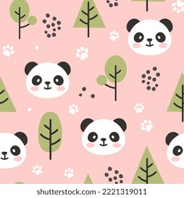 Panda bear pastel pink, kids scandinavian style seamless pattern background with green trees and animal footprints. Bedding children vector design, fabric and textile print.