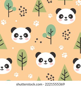 Panda bear pastel yellow, kids scandinavian style seamless pattern background with green trees and animal footprints. Bedding children vector design, fabric and textile print.