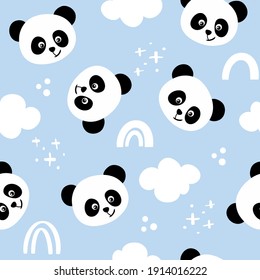 Panda bear pattern design with panda heads and cloudy sky - funny hand drawn doodle, seamless pattern. Lettering poster or t-shirt textile graphic design. Wallpaper, wrapping paper, background.