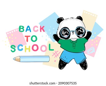 Panda Bear con lápices aprendiendo en la ilustración vectorial de afiches escolares