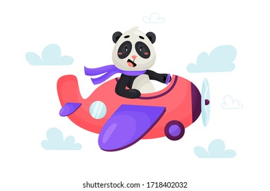 Panda bear pilot is flying on plane through the clouds. Cute cartoon vector illustration for children on white isolated background.