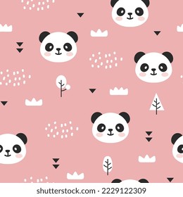 panda bear pink for baby girl room forest seamless pattern wallpaper, kids cute woodland animals with clouds and pines fabric and textile print design.