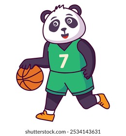 Oso panda jugar baloncesto.Panda baloncesto mascota de dibujos animados.Deporte animal lindo panda jugador de baloncesto.Aislado en el fondo blanco.Ilustración vectorial.