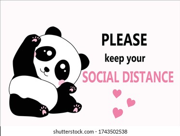 panda bear please keep your social distance pink heart  postcard calligraphy, corona, coronavirus, covid-19 distancing, font, hand, heart, home, home office, hope, illustration, infection, isolated, 