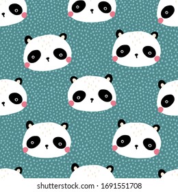 Panda bear with polka dots. Seamless pattern with cute animals faces. Childish print for nursery in a Scandinavian style. For baby clothes, packaging. Vector cartoon illustration in pastel colors.