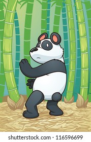 Panda bear practicing martial arts in the forest. Vector illustration with simple gradients. Character and background on separate layers.