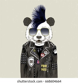 panda bear punk, furry art illustration, fashion animals