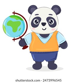 Panda bear pupil with a school globe. Cute character for postcard, print, banner. Back to school time element.