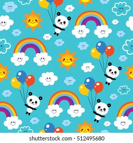 panda bear rainbows clouds sky kids seamless pattern