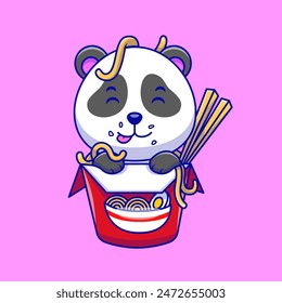 Panda Bear In A Ramen Noodle Cup Cartoon Vector Icon Illustration. Cute Animal Food Activities. Flat Cartoon. Suitable for any creative projects.