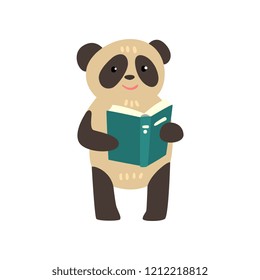 Panda bear reading a book, cute animal cartoon character, school education and knowledge concept vector Illustration on a white background