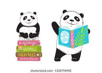 Panda Bear Leyendo Libros. Los caricaturistas llevan panda y libros, ilustraciones dibujadas a mano.