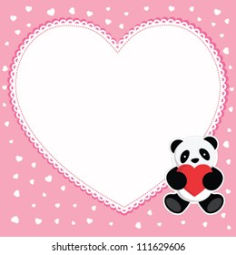 Panda bear with red heart. Valentine card.