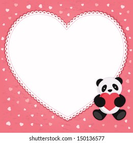 Panda bear with red heart. Valentine card.