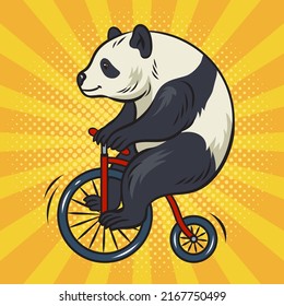 panda bear ride bicycle pop art retro vector illustration. Comic book style imitation.