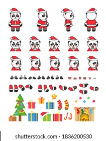 Panda bear in Santa Claus outift creation set, various Christmas design elements. Vector illustration bundle