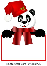 Panda Bear with Santa Hat Peeking Over Blank Sign/Frame