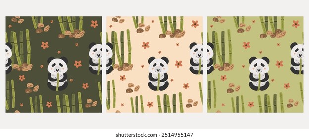 panda urso padrão sem emenda, bambu. Fundo da natureza com panda bonito