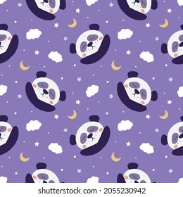 Panda bear seamless, pattern. Cute sleeping panda, clouds, stars, moons. Vector 