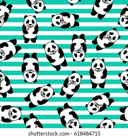 Panda bear seamless pattern. Vector illustration on striped background.