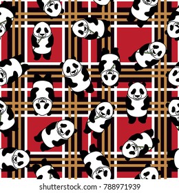 Panda bear seamless pattern. Vector illustration on Chinese checkered bright background.