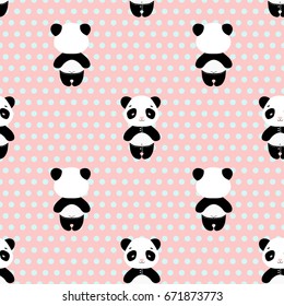 Panda bear seamless vector pattern  with bamboo. Cute pandas on pink in trousers with back of panda on pink background with blue dots