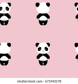 Panda bear seamless vector pattern on pink background. Cute panda on pink in trousers in front and back 