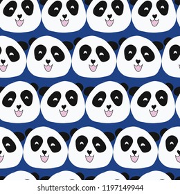 Panda bear seamless vector repeat pattern. Cute animal illustration on blue background for boys. For fabric, paper, kids room decor, wallpaper, school, nursery, baby shower, card, birthday, stationery