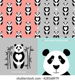 Panda bear set. Vector flat Panda. Cute cartoon Panda. Cartoon panda vector. Panda baby. Adorable panda bear with bamboo. Panda bear bamboo seamless pattern. Chinese Panda face.