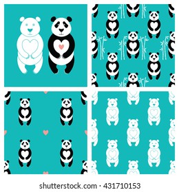 Panda bear set. Vector flat Panda. Cute cartoon Panda. Cartoon panda vector. Panda baby. Adorable panda bear. Panda bear  seamless pattern. Cartoon white bear.