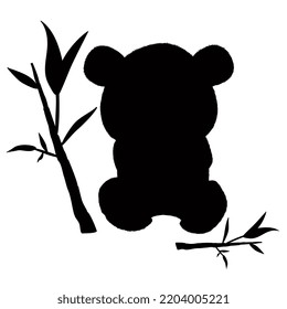 Panda bear silhouette with bamboo branches with leaves in its paws, isolated on white background. Clipart, vector design element.