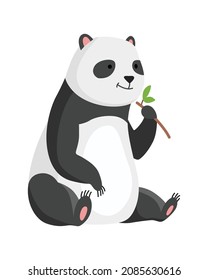 El oso panda se sienta y come bambú. Un gran personaje de panda. Animales de dibujos animados de vida salvaje asiáticos. Mamífero salvaje adorable de la jungla