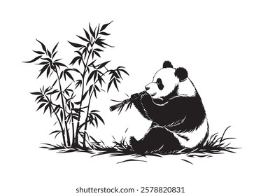 A panda bear is sitting in front of a bamboo tree