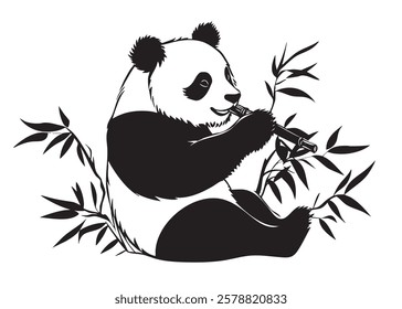 A panda bear is sitting on a bed of bamboo leaves