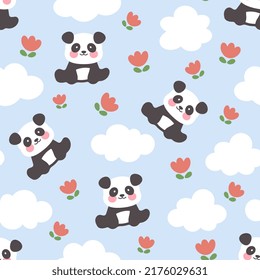 panda bear sitting on a blue floral background, kids cute woodland animals with clouds and red tulips seamless pattern print