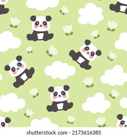 panda bear sitting on a green floral background, kids cute woodland animals with clouds and tulips seamless pattern print